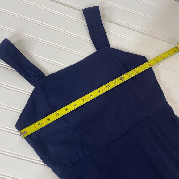 NWT H Halston Navy Blue Stretch Linen Squared Neck Smocked Mini Dress Size 2 - Picture 5 of 7